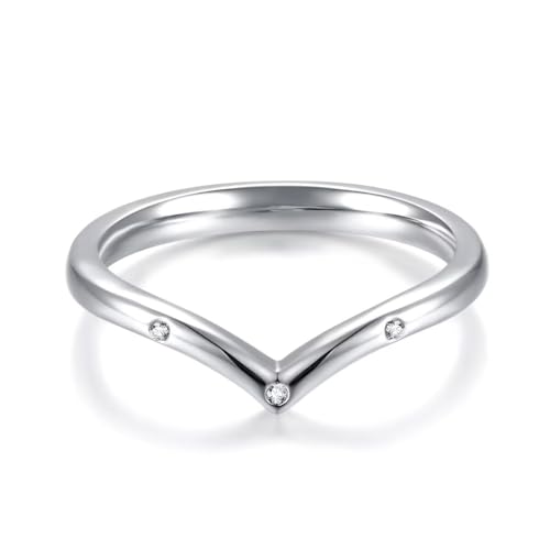 Qings Anillo apilado con letra V de plata de ley 925 simple brillante símbolo de buena suerte pila de propuesta de boda anillo de compromiso para mujeres y niñas