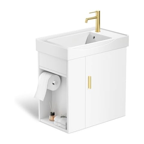 phiestina 20 Inch White Floating Small Bathroom Vanity, Pre-Assembled Wall-Mounted Cabinet with Sink, Left Side Storage, Soft-Close Door, Modern Space-Saving Design, No Faucet, BV07-20-WHITE-PLUS Cover