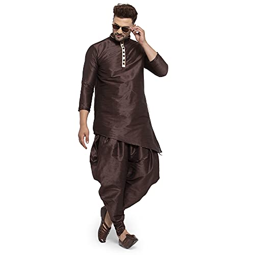 Image of Men's Silk Balloon Salwar Dhoti Pant Set (Brown Slant Slit K But Brown Sal Dh36 Brown 36)