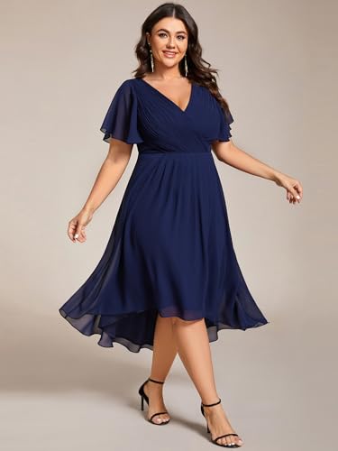 Ever-Pretty A Line V Neck Chiffon Short Sleeves High Low Knee Length Plus Size Wedding Guest Dresses for Curvy Women 01923-DA3
