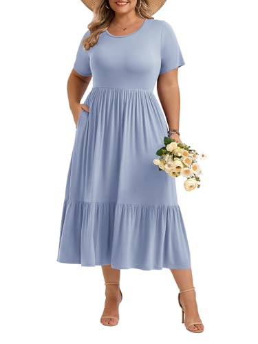 Image of LARACE Plus Size Dresses for Women Summer Casual Short Sleeve Long Dress Flowy Maxi Beach Dresses with Pockets L-6XL