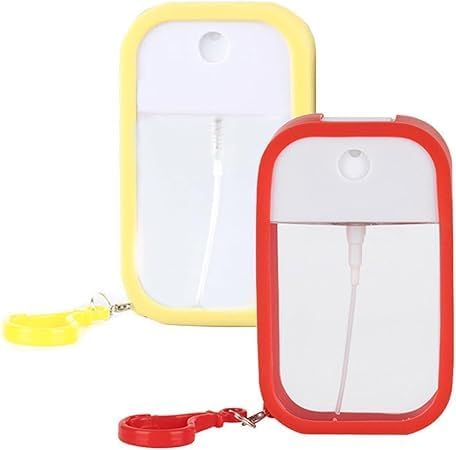 portable refillable spray bottle with lanyard, 2 pack | travel size, wrist strap included, red and yellow, pocket sanitiser bottle, reusable design
