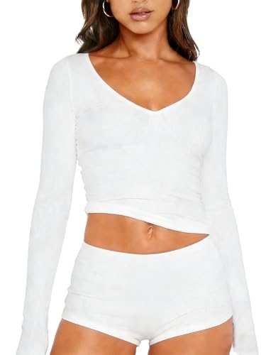 Image of Dressmine Sexy Pajamas Set for Women Spring Pj Lounge Sets 2 Piece Cute Sleepwear Long Sleeve V Neck Y2K Tops Shorts