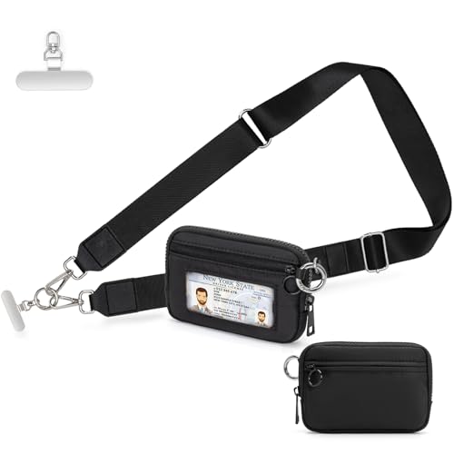 RsAingT Wristlet Wallets Keychain for Women Clip and Go Strap for Phone with Clear ID Window Zipper Coin Purse(Black)