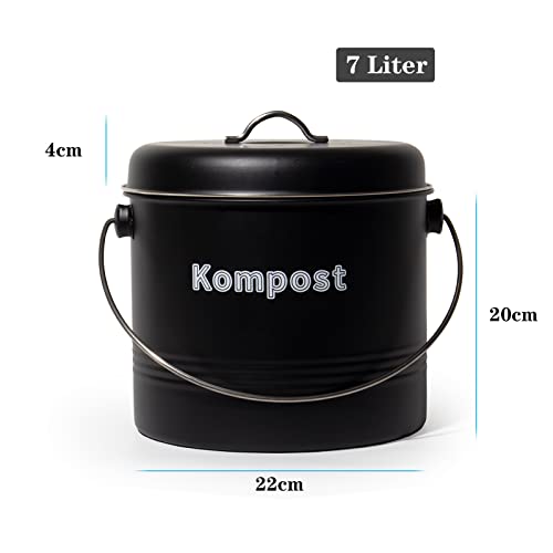 Theo&Cleo Biomülleimer Küche 7 L, Bio Mülleimer Geruchsdicht mit Aktivkohlefiltern, Komposteimer Metall, Biomüll Retro (Mattschwarz)