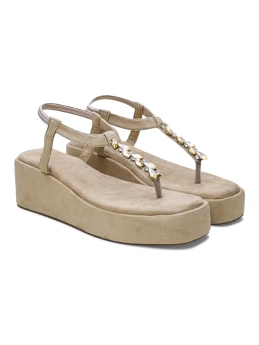 Image of TRYME T-Strap Embellished Wedges Heel Sandals for Women | Soft Suede Comfort Slip-On Sandals for Wedding, Festive & Elegant Styling