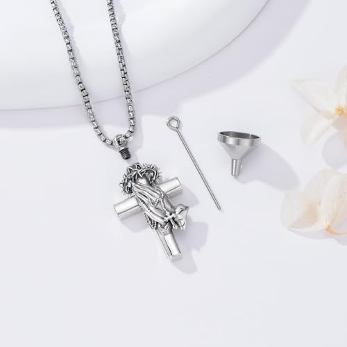 PROESS Praying Hands Cross Necklace 925 Sterling Silver Crown of Thorns Necklace Serenity Prayer Cross Pendant Cremation Jewelry Religious Gifts for Men Christian2