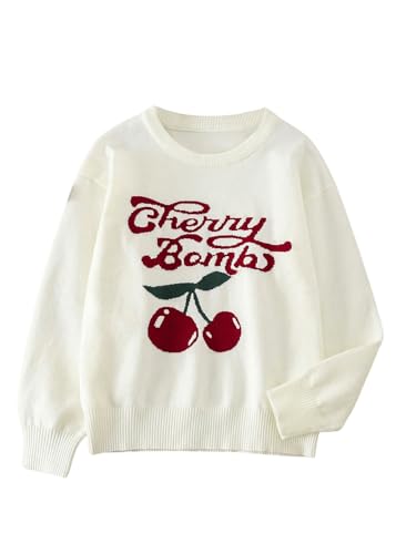 WDIRARA Girl's Cherry Graphic Crew Neck Sweater Long Sleeve Drop Shoulder Pullover Loose Fit Knitwear