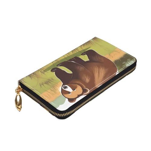 TYUMHBrown bear walking Leather long clutch wallet with 12 card slots and 3 full pockets for cash, designed for fashionable women.3
