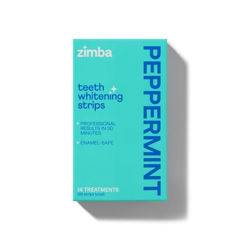 Zimba Peppermint Flavored Teeth Whitening Strips | Vegan, Enamel Safe Hydrogen Peroxide Teeth Whitener for Coffee, Wine, Tobacco, and Other Stains | 14 Day Treatment | Peppermint