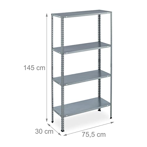 Relaxdays Metallregal verzinkt, HBT: 145x75,5x30 cm, 4 Böden, bis 160kg, zum Schrauben, Stahl, Lagerregal Keller, Silber