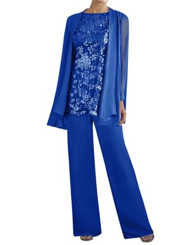Image of 3 Pieces Mother of The Bride Dresses Pant Suits - Lace Chiffon Long Sleeve Grandmother Dresses with Jacket Dark Ocean