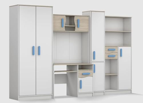 Easy4You Jugendzimmer Möbelset Komplettset Kinder Modernes Design B:300 cm H: 197 cm T: 52 cm Stilvolle Möbelkombination Schreibtisch Kleiderschrank Regalen Holzgriffe: Blau