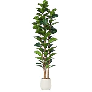 Artificial fiddle leaf fig tree with white planter 7ft tall fake tree with natural wood trunk for home decor faux ficus tree fake moss for indoor office living room  urban country home decor