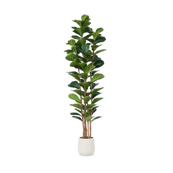 Artificial fiddle leaf fig tree with white planter 7ft tall fake tree with natural wood trunk for home decor faux ficus tree fake moss for indoor office living room  urban country home decor