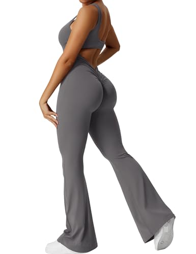Yeoreo Jumpsuit Lizvette für Damen, sexy, rückenfrei, ausgestellt, figurbetont, Scrunch-Po, Yoga-Strampler, V-Ausschnitt, #1 Dunkelgrau, Large