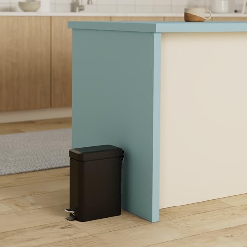 Image of Home Zone Living 1.3 Gallon Small Bathroom Trash Can with Lid and Step Pedal, Stainless Steel Wastebasket with Slim Design for Home and Office, Matte Black, 5 Liters