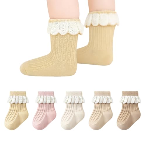 5 Pairs Baby Toddler Girls Princess Frilly Socks, Summer Ruffle Soft Cotton Thin Mesh Socks for Dress, 0~5T