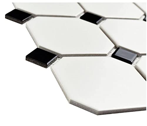 4" Octagon Tile Matte White With Glossy Black Dots Porcelain Mosaic For Bathroom Floors And Walls, Kitchen Backsplashes, Pool Tile #TOP2