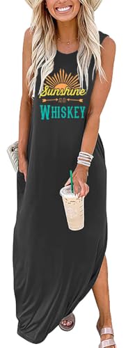 Image of Womens Good Vibes Rainbow Sleeveless Funny Grapic Maxi Dress Summer Casual Letter Tank Dresses with Pockets