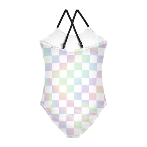 Image of Black and White Chess Girls One Piece Swimsuits Board Marble Tile Sport Halter Swimwear Beach Bathing Suit 3T