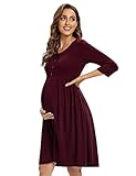 KOJOOIN Damen Umstandskleid Baumwolle 3/4 Ärmel Stillkleid Casual Schwangerschafts Kleider für Schwangere Weinrot(3/4 Ärmel) M