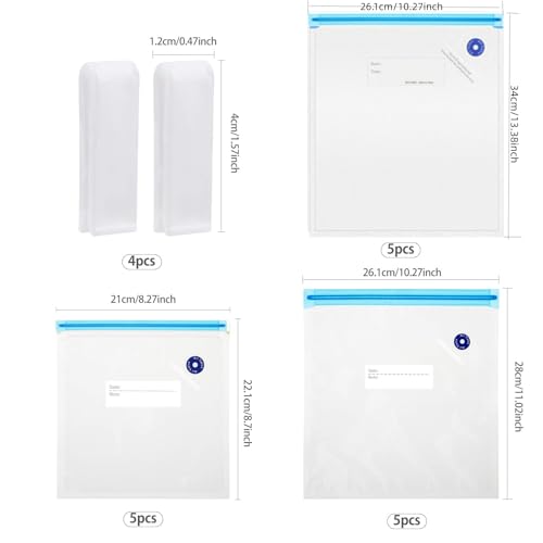 15PCS Reusable Vacuum Food Sealer Bags + 4PCS Sealing Clip Leakproof Degradable Freezer Bag BPA Free Ziplock Bags Lunch Sandwich Snacks Fruit Bag for Food Storage, Meal Prep and Sous Vide