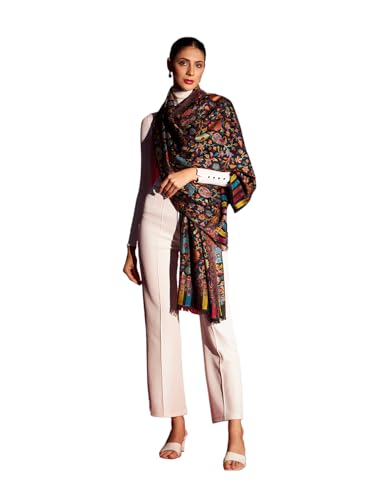 Zamour Women Kani Kashmiri Weave Large Scarf Shawl Wrap in Soft Modal Material 40x80 inches (Black)