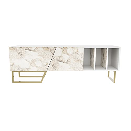 DECOROTIKA - Linossa Modern TV Stand TV Cabinet TV Unit Entertainment Centre with Metal Sturdy Legs, Open Shelves and Cabinets (White Marble Effect and Gold Colour)