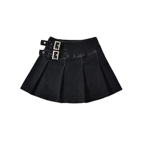 Women’S Pleated Jean Skirt with Belt High Street Short Bottoms Casual Mini Jean Skirt
