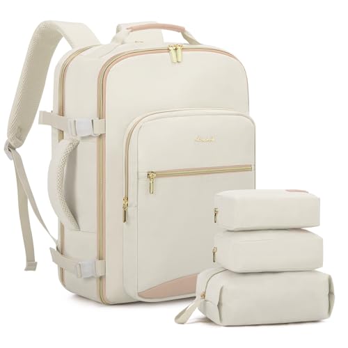LOVEVOOK Handgepäck Rucksack, 40L Groß Reiserucksack Damen Flugzeug Koffer 45x36x20, Wasserdicht Travel Backpack mit 17 Zoll Laptopfach für Reise Business Geschäftsreise Weekend Wandern, Beige