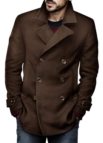 Runcati Abrigo clásico de doble botonadura para hombre, corte ajustado, chaquetas de invierno, chaqueta larga informal, gabardina de negocios cálida, marrón, L