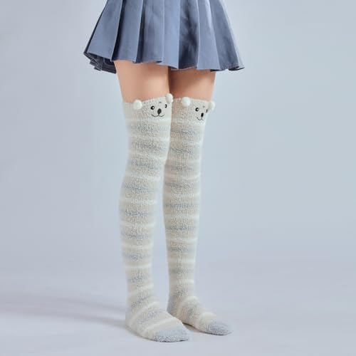 Image of Thigh High Fuzzy Socks Cute Animal Coral Fleece Over the Knee Thigh High Long Stockings Warm Stripe