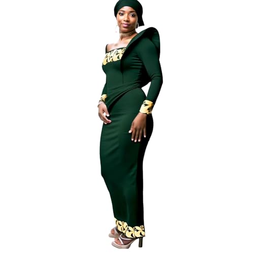 Image of African Dresses for Women High Waist Embroidery Elegant Traditional Midi Dress with Headscarf