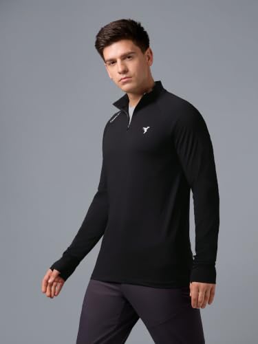 Image of TECHNOSPORT Men's Solid Quarter Zip Gym Slim Fit Active Sports T-Shirt with COTFLEX Full Sleeve Cotton Feel Polyester 4-Way Stretch Memory Fabric Lightweight Workout Running Training