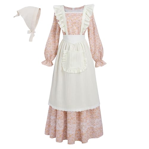 LTAKK Kolonialkleid für Damen, Prärie-Pionier-Kleid, Blumenmuster, Pilger-Kostüm, Bürgerkriegskleid, Orange Floral, XXL