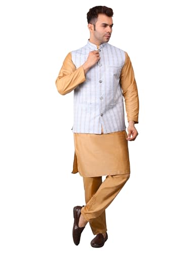 Image of Men's Cotton Silk Blend Regular Kurta Pyjama, Embroidered Nehru Jacket /Waistcoat Set