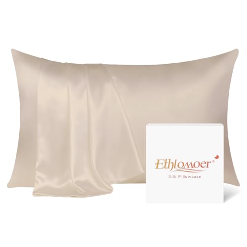 Ethlomoer Natural Pure Silk Pillowcase for Hair and Skin, Both Side 19mm, Hypoallergenic, 600 Thread Count, Smooth Silk Pillow case with Hidden Zipper, Gifts for Women Men, 50x75 cm (Beige)
