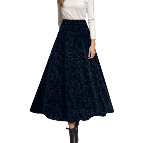 Falda de terciopelo para mujer Elgegant de un solo color, falda larga para traje tradicional, falda casual de cintura alta, falda de Navidad, cintura elástica, falda ancha, O azul., S