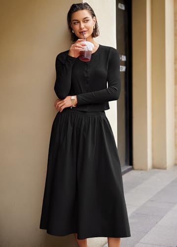 Image of Panadila Womens 2 Piece Lounge Sets Matching Vacation Outfits Ribbed Button Down Cardigan and Elastic Waist Skirt Sets