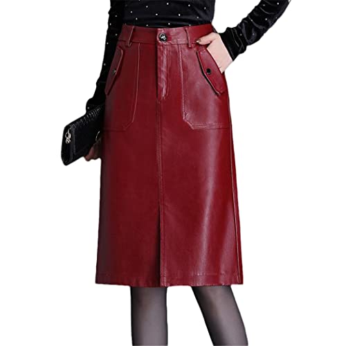Jupe moulante en cuir synthétique pour femme - Pour printemps et automne - Fente sur le devant - Taille haute - Poche droite - Longueur genou, Rouge, 52 Cover