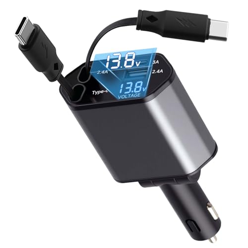 4 en1 Chargeur Allume Cigare Voiture USB C, 120W Rétractable Charge Rapide avec 2 Câbles Rétractables & Port USB-C/A, Prise Allume Cigare Telephone Voiture...