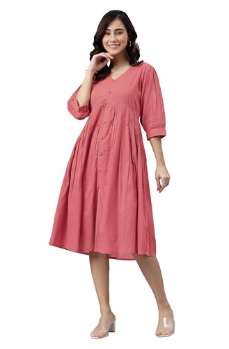 Image of Janasya Women's Cotton Solid Flared Dress