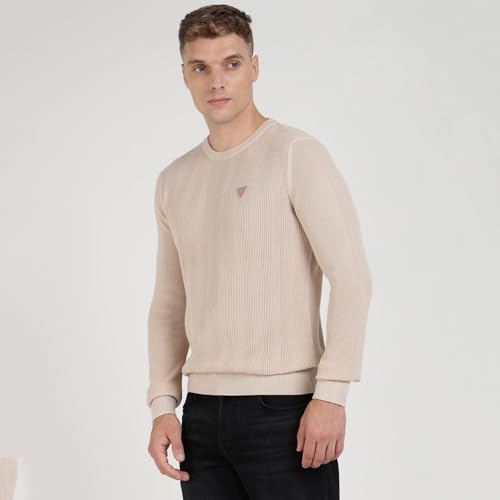 Image of GUESS Beige Cotton Blend Textured Pullover Sweater