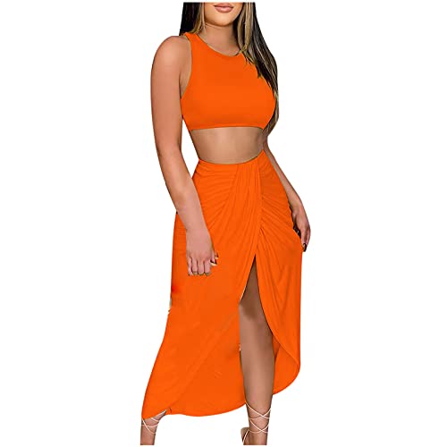 Conjunto de ropa sexy de 2 piezas para mujer - Top de un solo color y falda alta dividida, naranja, XL Cover