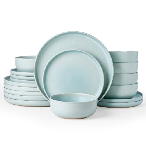 Image of Famiware Milkyway 18-Piece Stoneware Dinnerware Set, Light Blue | Plates and Bowls for 6, Reactive Glaze Dish Set, Microwave & Dishwasher Safe, Chip & Scratch Resistant