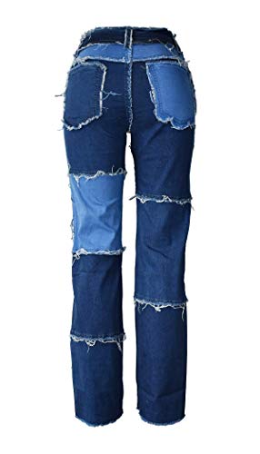 Aodrusa Women Frayed Patch Jeans High Waist Raw Hem Denim Y2k Pants Boyfriend2