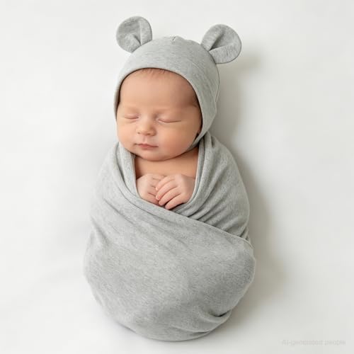 Image of Unisex Baby Swaddle Blanket with Hat Set Newborn Swaddle Receiving Blankets Sleep Sack for 0-3 Months Boys Girls