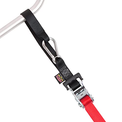 Image of PowerTye 1.5 inch x 10ft Extra Long Ratchet Tie Down Straps, Heavy Duty with Carabiner Hooks, Soft-Tye & Bag, for Motorcycle, ATV & Cargo - 1,000 lb WLL - Made in USA - Red /Black Pair