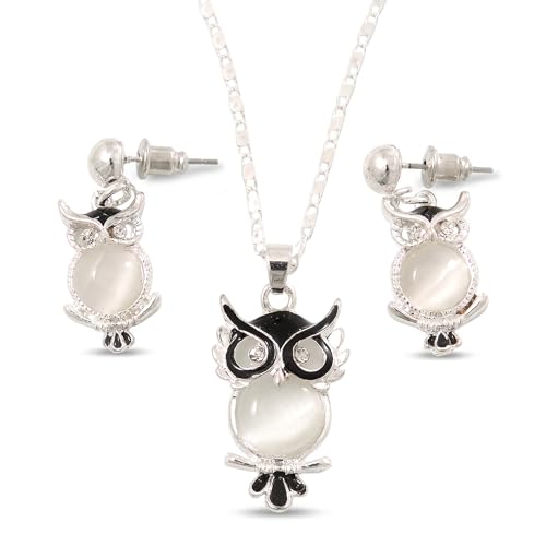 Avalaya Ensemble collier pendentif hibou et boucles d'oreilles pendantes en pierre de lune blanche laiteuse - 44 cm + extension de 5 cm